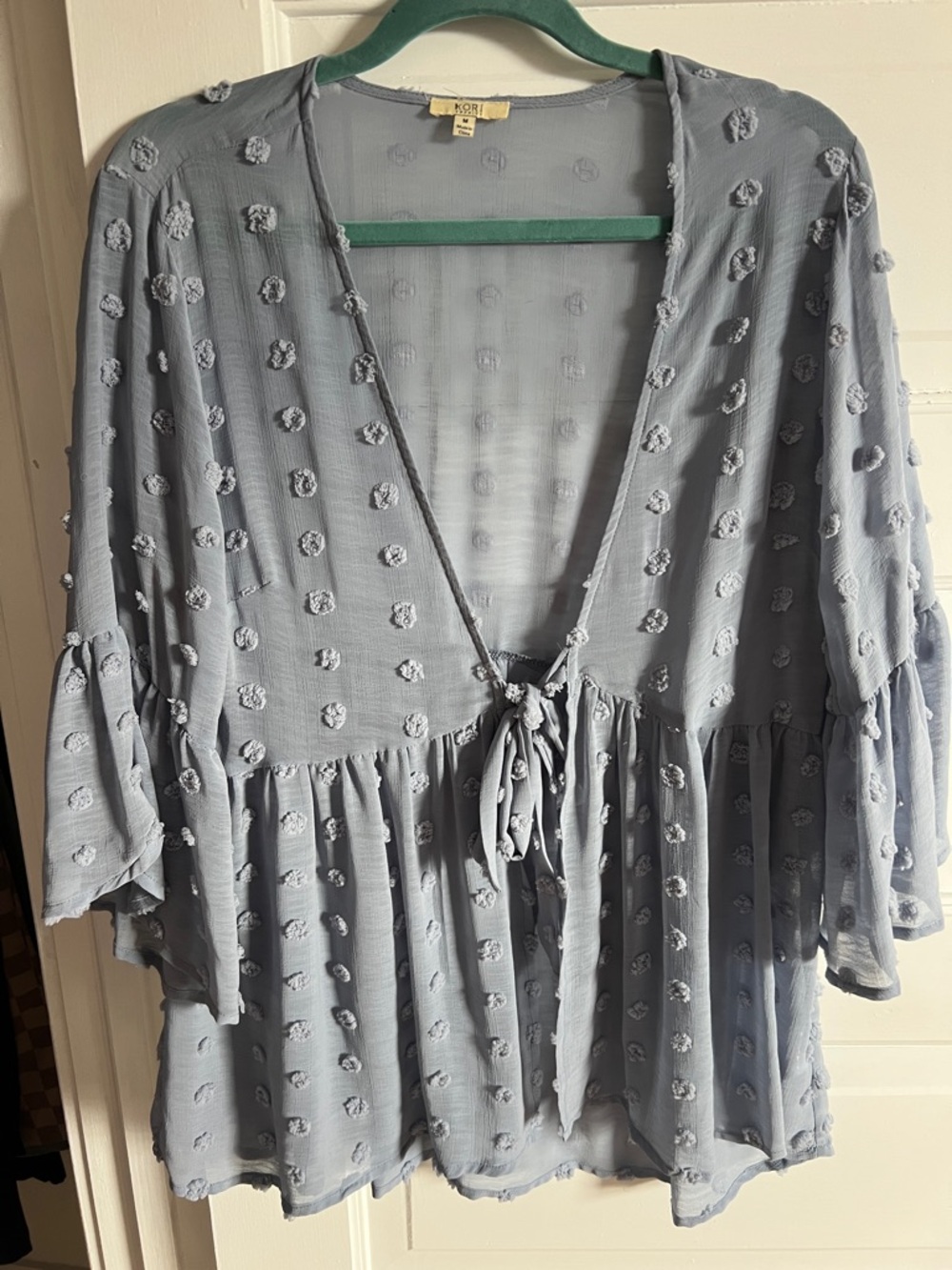 Kori Light Blue Textured Tie-Front Peplum Tunic